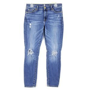 7 For All Mankind The Ankle Skinny Jeans  Womens 31 Blue Medium Wash Distressed